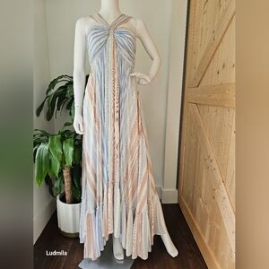 FATE‎ Size M Women's Pastel Blue And Pink Striped Halter Neck Maxi Dress